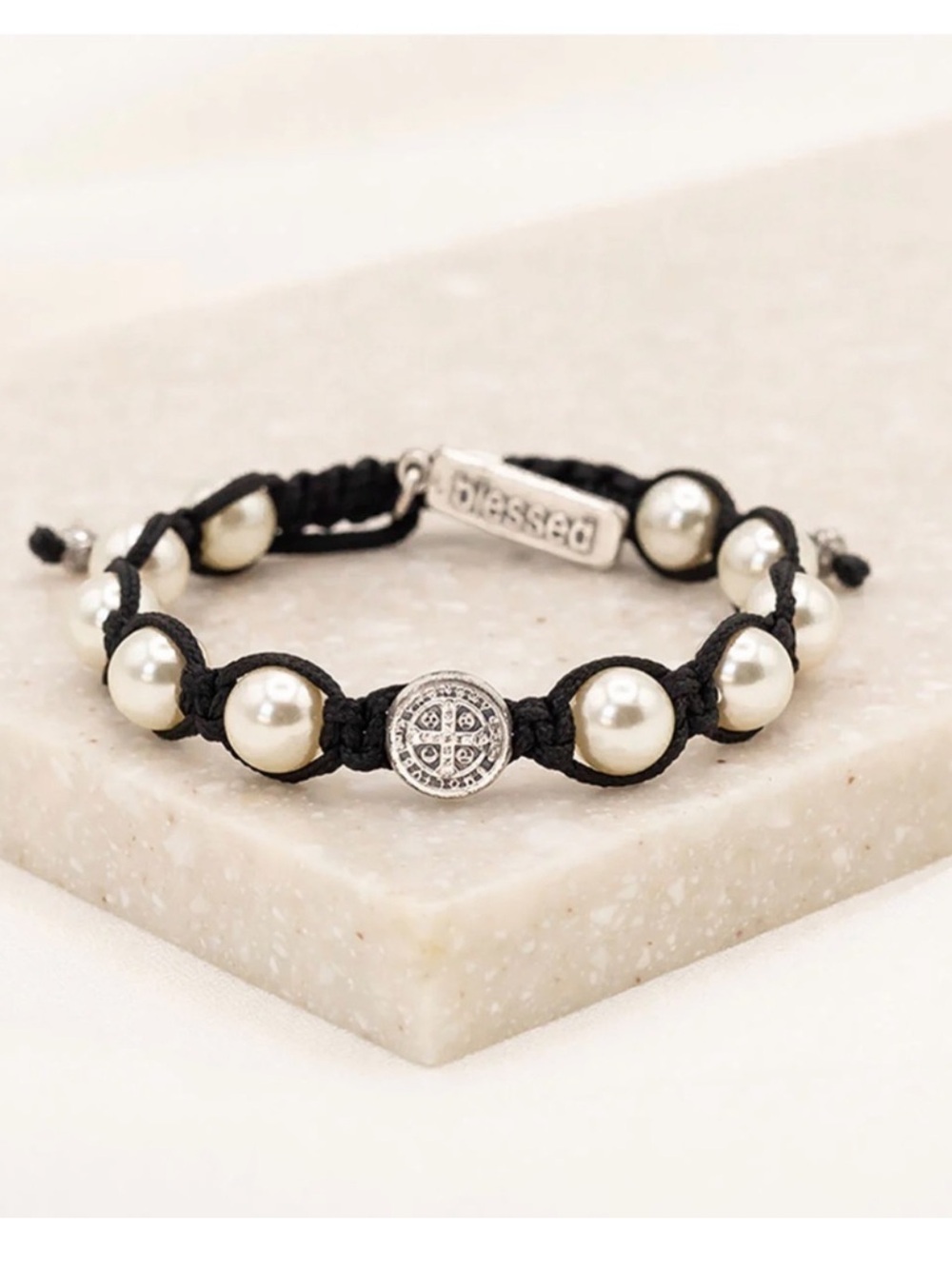 My Saint My Hero "Blessed" Black and Pearl Crystal Beaded Bracelet